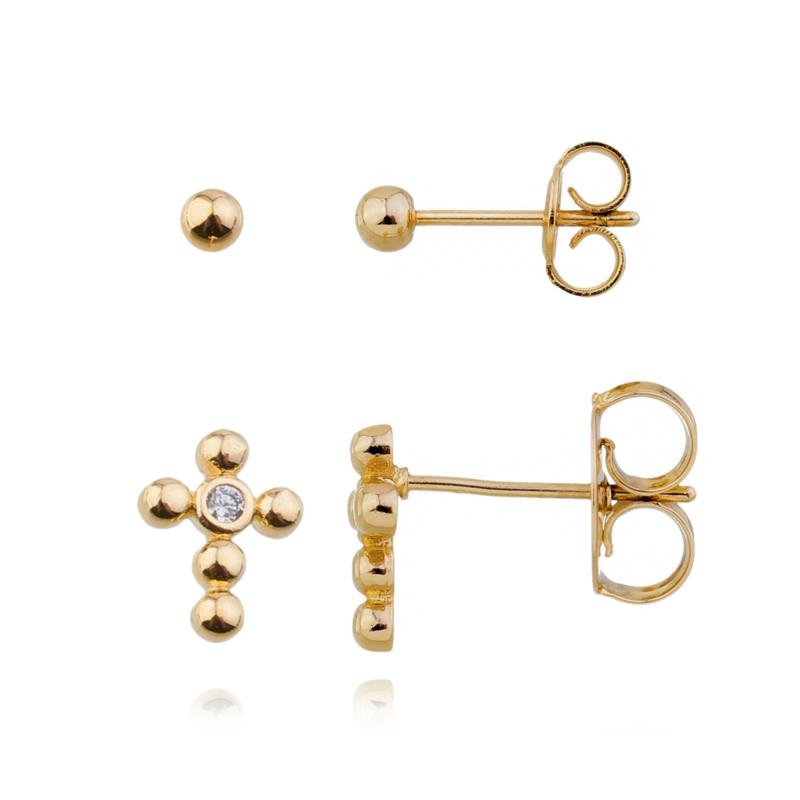KIT DE BRINCOS CRUZ E BOLA LISA BANHADO A OURO 18K