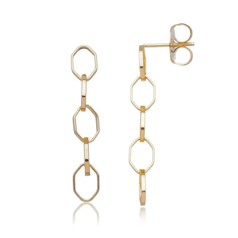 BRINCO YARA CORRENTE ELOS HEXÁGONO BANHADO A OURO 18K
