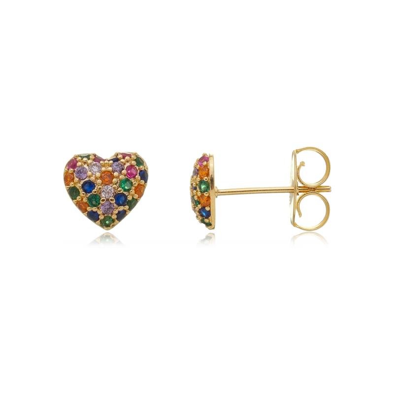 BRINCO GIULIA CORAÇÃO CRAVEJADO ZIRCÔNIA COLORIDA BANHADO A OURO 18K