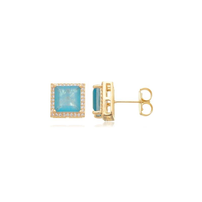 BRINCO QUADRADO FUSION TURMALINA COM LATERAIS DE ZIRCÔNIAS BANHADO A OURO 18K