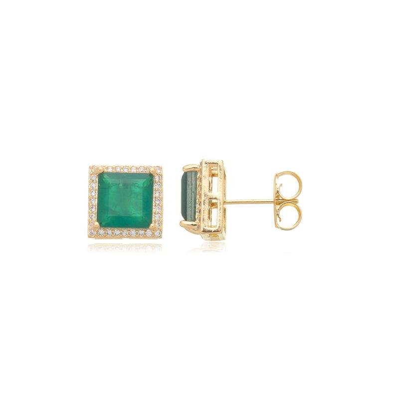 BRINCO QUADRADO FUSION ESMERALDA COM LATERAIS DE ZIRCÔNIAS BANHADO A OURO 18K
