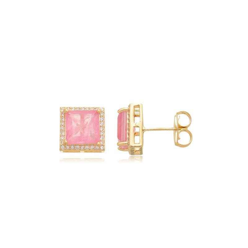 BRINCO QUADRADO FUSION ROSA COM LATERAIS DE ZIRCÔNIAS BANHADO A OURO 18K 
