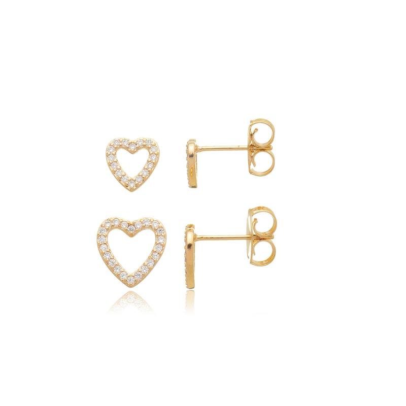 KIT DUPLA DE BRINCOS CORAÇÃO MANUELA MÉDIO E PEQUENO CRAVEJADO ZIRCÔNIA BANHADO A OURO 18K