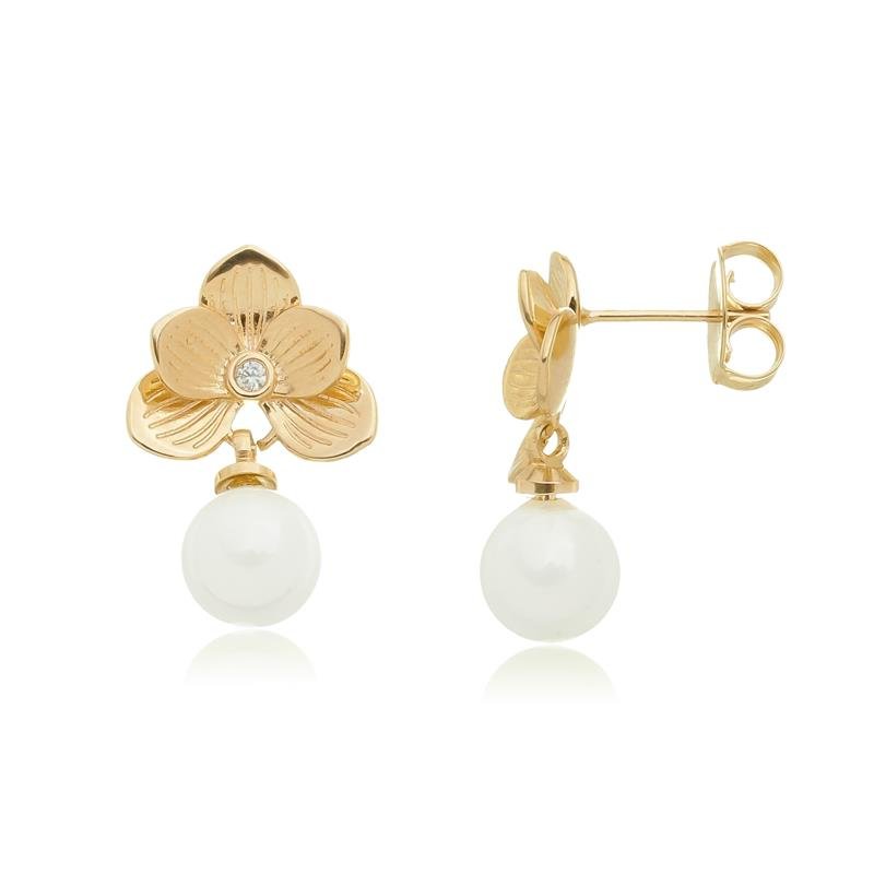 BRINCO DE FLOR HELOÍSA COM PÉROLA BANHADO A OURO 18K