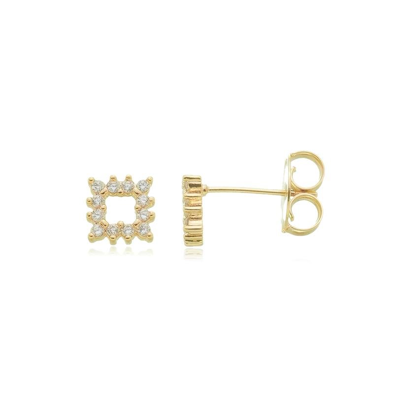 BRINCO PEQUENO QUADRADO VAZADO CRAVEJADO ZIRCÔNIA BANHADO A OURO 18K
