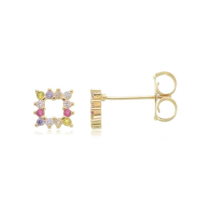 BRINCO MORGANA QUADRADO VAZADO CRAVEJADO ZIRCÔNIA P COLORIDA BANHADO A OURO 18K