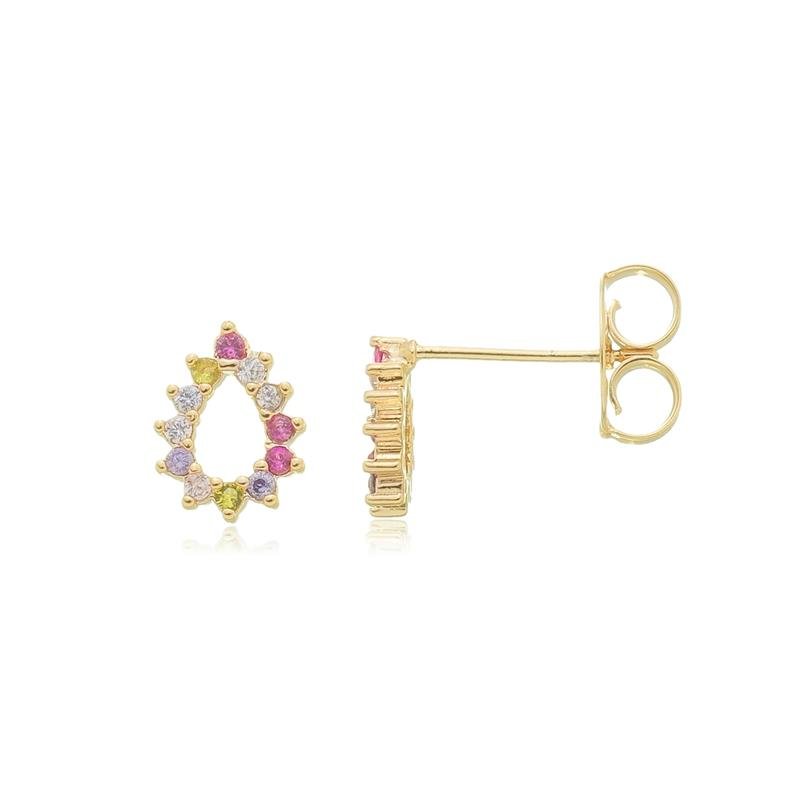 BRINCO MORGANA GOTA VAZADA CRAVEJADO ZIRCÔNIA COLORIDA P BANHADO A OURO 18K