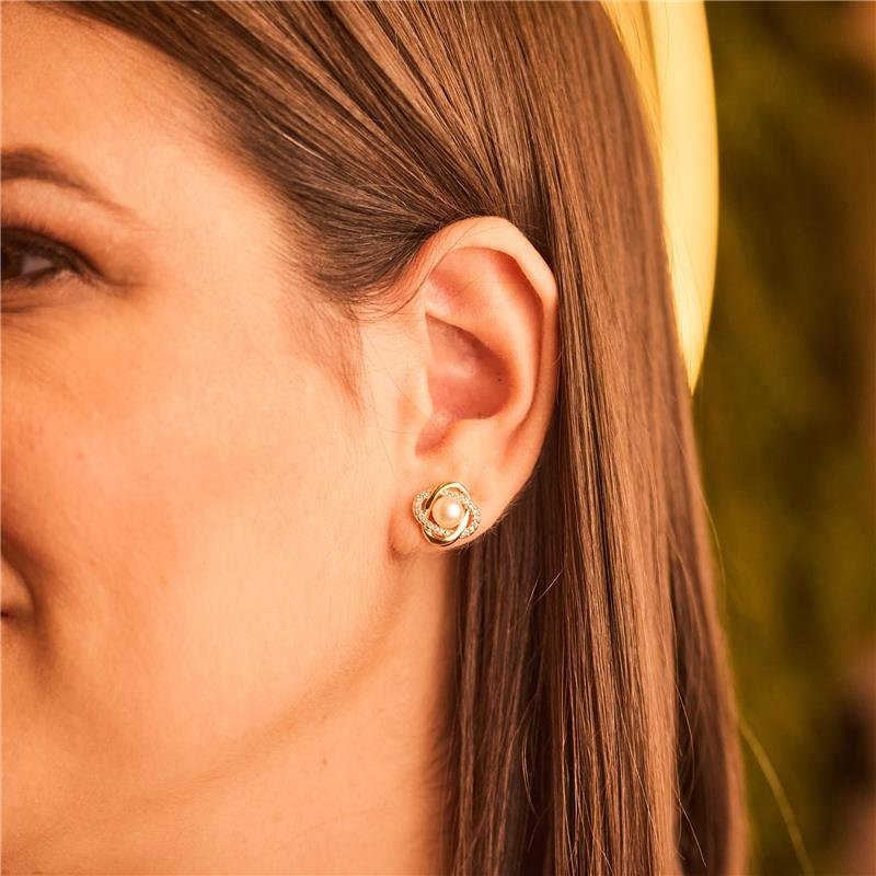 BRINCO FLOR COM PÉROLA E ZIRCÔNIA BANHADO A OURO 18K