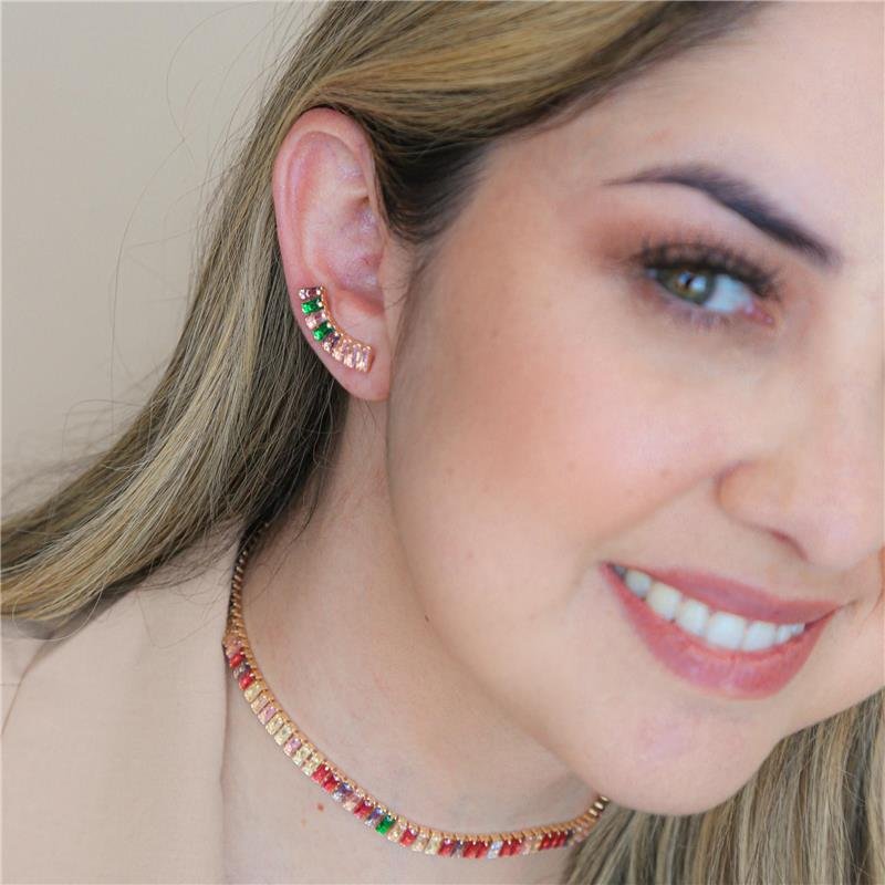 CHOKER ZIRCÔNIAS BAGUETES COLORIDAS BEATRIZ BANHADO A OURO