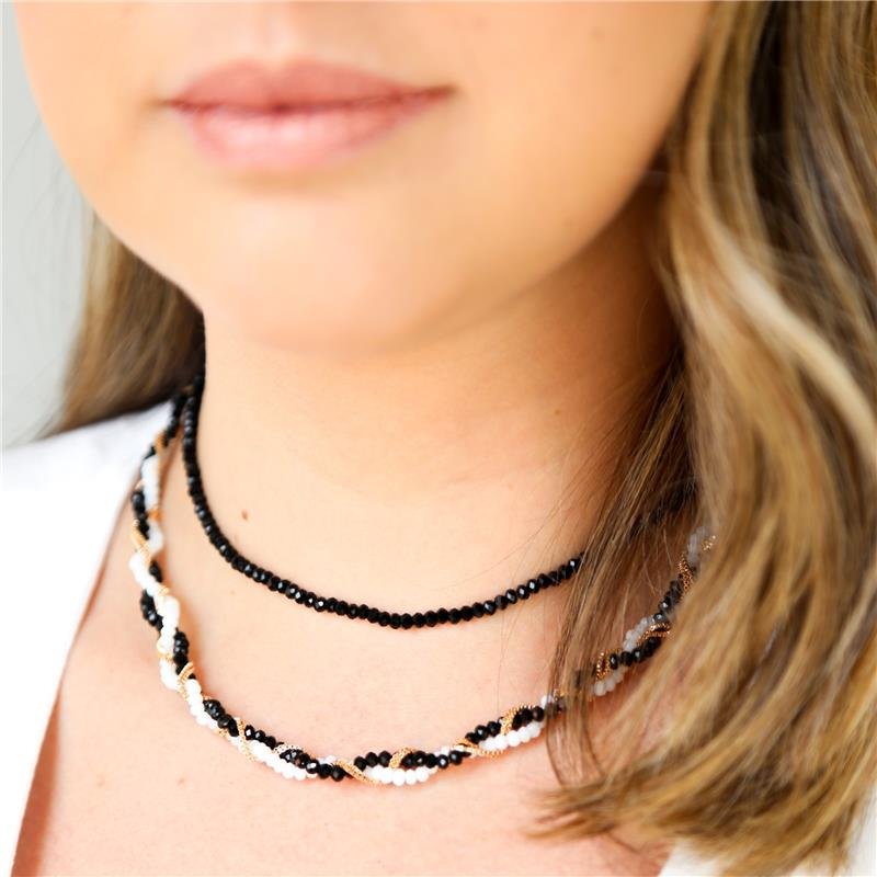 COLAR CHOKER CRISTAIS PRETO BANHADO A OURO 18K