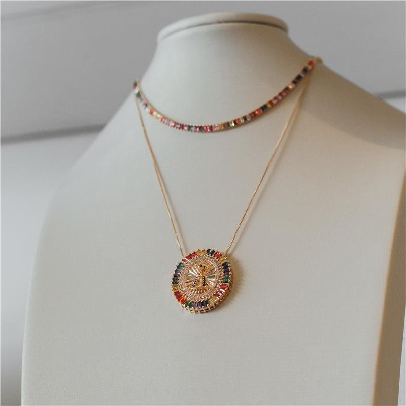 COLAR NOSSA SENHORA APARECIDA ZIRCÔNIA COLORIDA BANHADO A OURO 18K