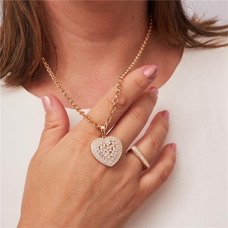 COLAR SIMONE ELO PORTUGUES COM CORAÇÃO CRAVEJADO GRANDE BANHADO A OURO 18K