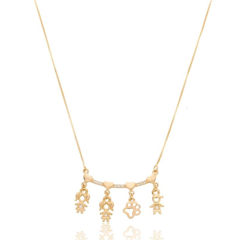 COLAR QUATRO FILHOS COM PETS BANHADO A OURO