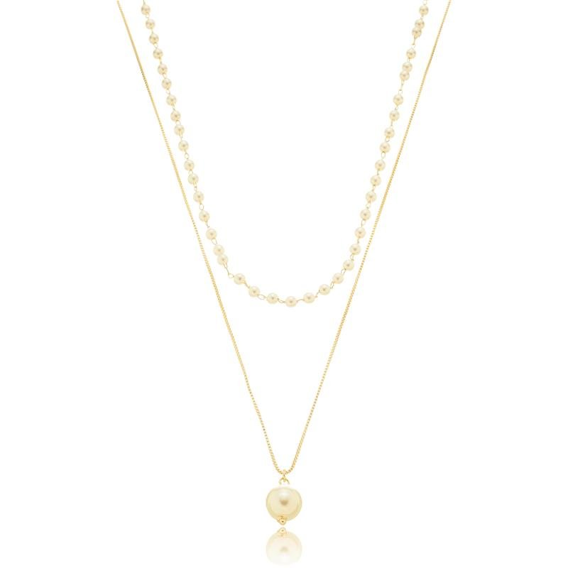 COLAR ALICE DUPLO MINI PÉROLAS E CORRENTE LISA COM PINGENTE PÉROLA BANHADO A OURO 18K