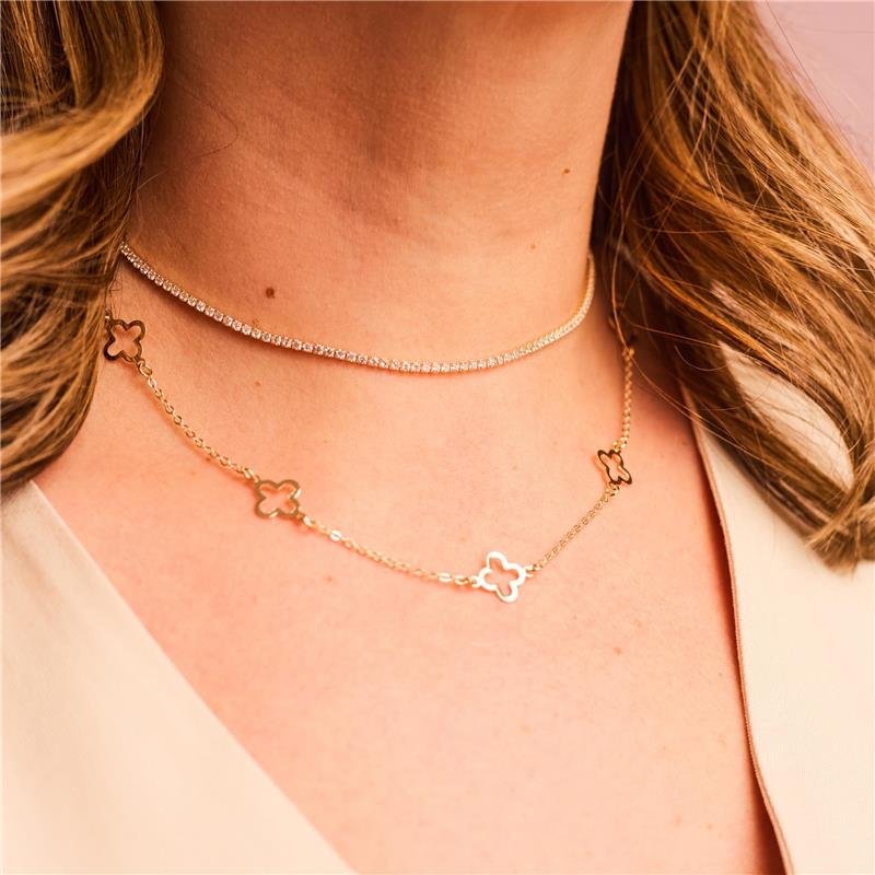 CHOKER DUPLA RIVIERA E TREVO BANHADO A OURO 18K