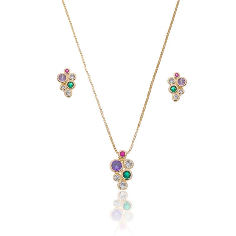 CONJUNTO COM BOLINHAS DE ZIRCÔNIAS COLORIDAS BANHADO A OURO