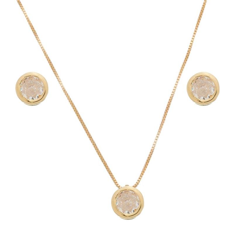 CONJUNTO SOFIA BRINCO E COLAR PONTO DE LUZ ZIRCÔNIA MÉDIO BANHADO A OURO 18K