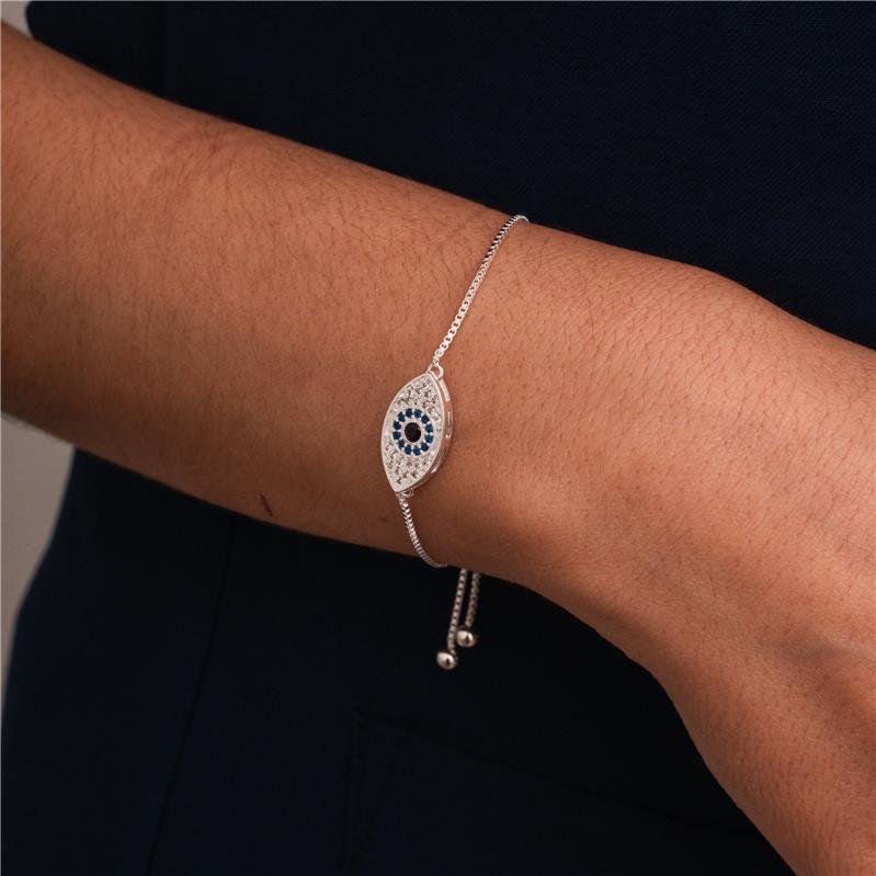 PULSEIRA AJUSTÁVEL PINGENTE OLHO GREGO CRAVEJADO BANHADO A PRATA