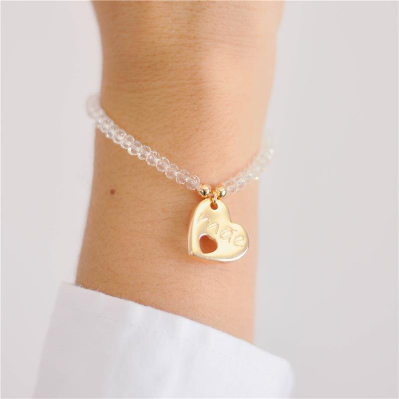 PULSEIRA CRISTAIS COM PINGENTE CORAÇÃO MÃE BANHADO OURO 18K