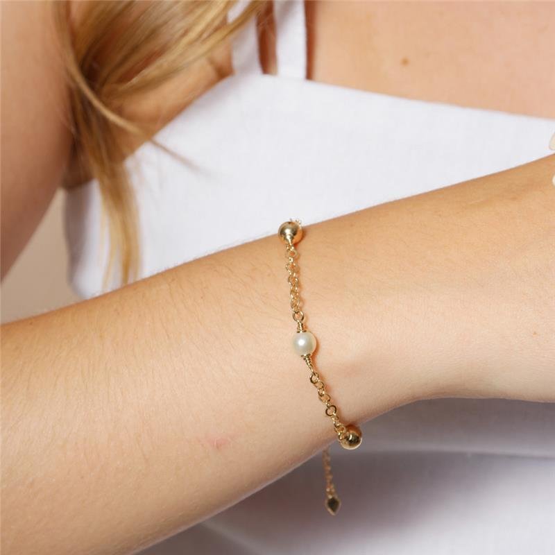 PULSEIRA CRISTINA DE PÉROLAS E BOLAS LISAS BANHADO A OURO 18K