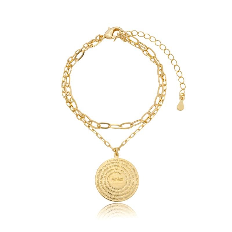 PULSEIRA DUPLA MEDALHA PAI NOSSO BANHADO A OURO