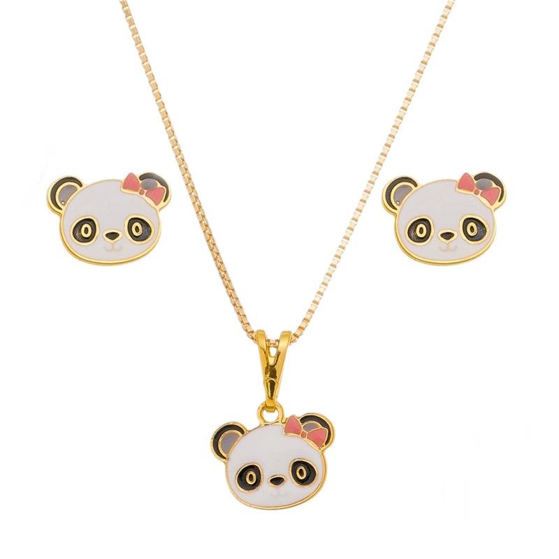 CONJUNTO INFANTIL DE PANDA RESINADO BANHADO A OURO 18K