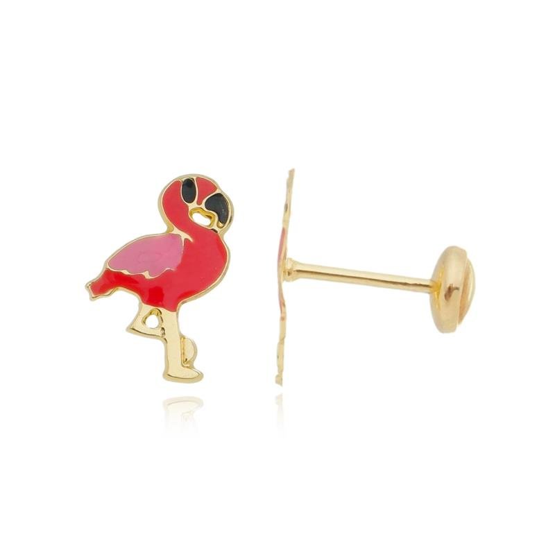 BRINCO INFANTIL FLAMINGO RESINADO BANHADO A OURO 18K
