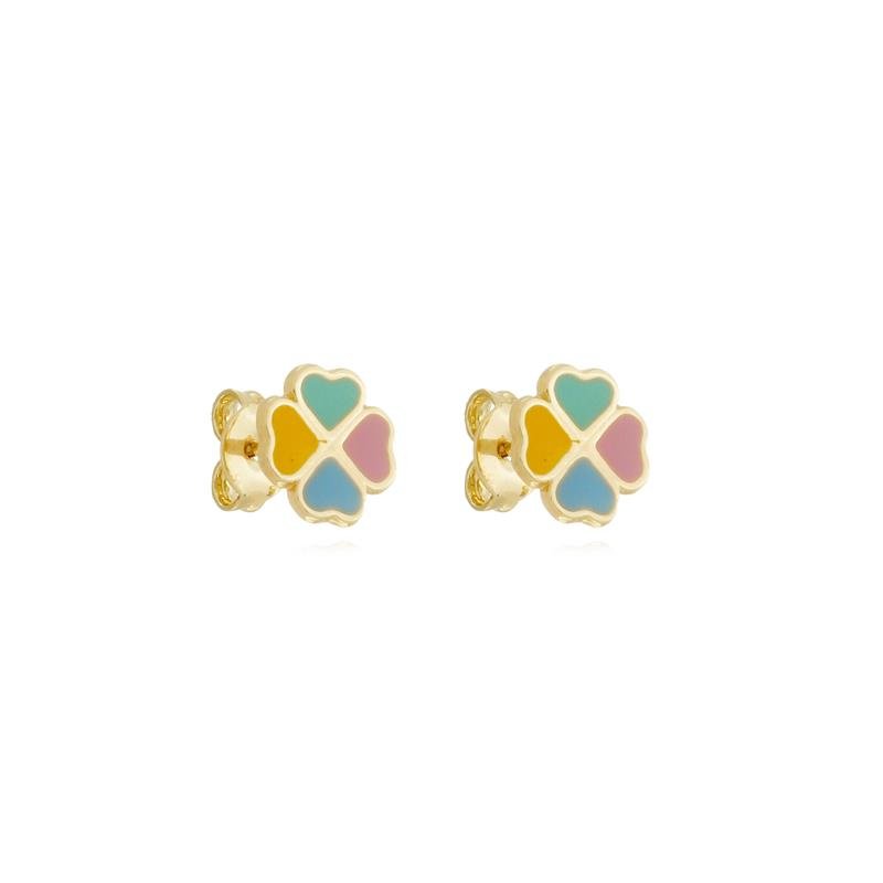 BRINCO INFANTIL TREVO COLORIDO RESINADO BANHADO A OURO 18K