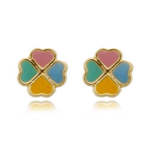 BRINCO INFANTIL TREVO COLORIDO RESINADO BANHADO A OURO 18K