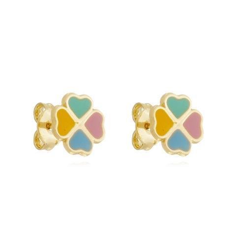 BRINCO INFANTIL TREVO COLORIDO RESINADO BANHADO A OURO 18K