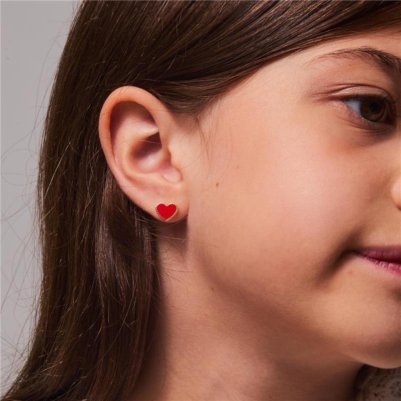 BRINCO NINA INFANTIL CORAÇÃO VERMELHO RESINADO BANHADO A OURO 18K